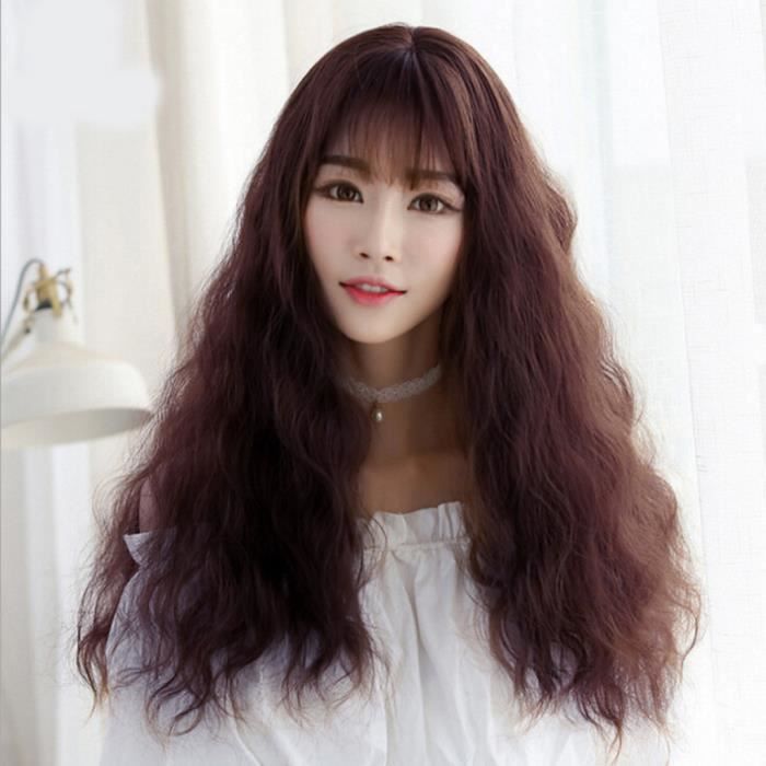 Belle perruque Mode femme japonaise longue perruque frisée Air Bangs fil haute température sans Lcae vf654