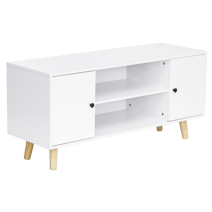 WISS Meuble de TV scandinave blanc avec 2 portes en MDF + pied en bois massif avec grand espace de stock
