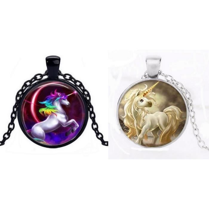 Lot de 2 colliers pendentif cabochon licorne chaine argenté et noir.
