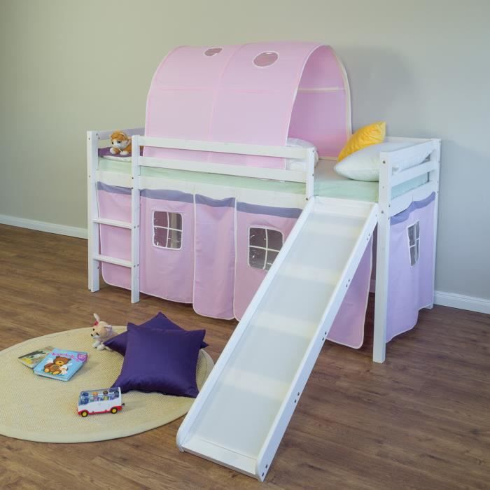 Lit superposé enfant toboggan, échelle et tunnel rose