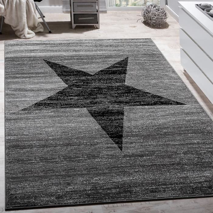 Tapis Design Étoile Motif Moderne Tendance Poils Ras Chiné En Gris Noir
