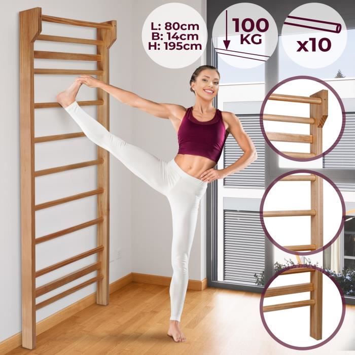 Échelle Suédoise Échelle de Gym Murale avec 10 Barres 195x80x14 cm Charge Max. 100 kg Bois de Pin Espalier en Bois Gymnastique