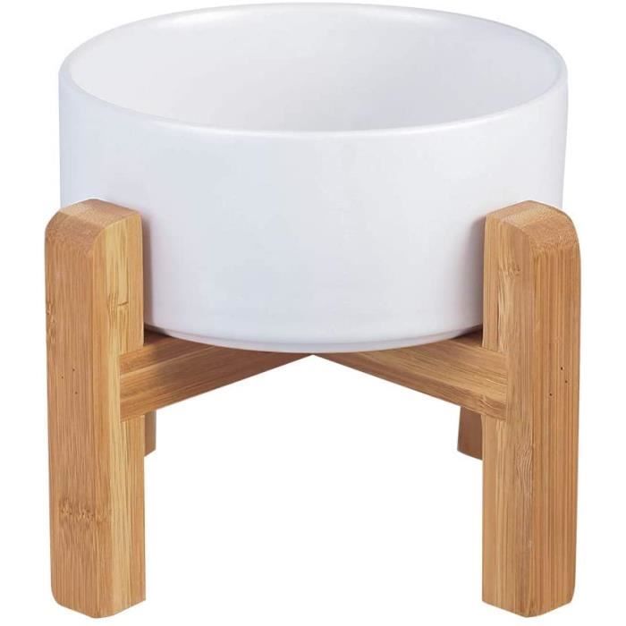 HCHLQLZ Blanc Hauteur Porte-gamelle Surélevée Pet Gamelles pour Chien et Chat Gamelles Chien Chat Céramique avec Bambou 7480