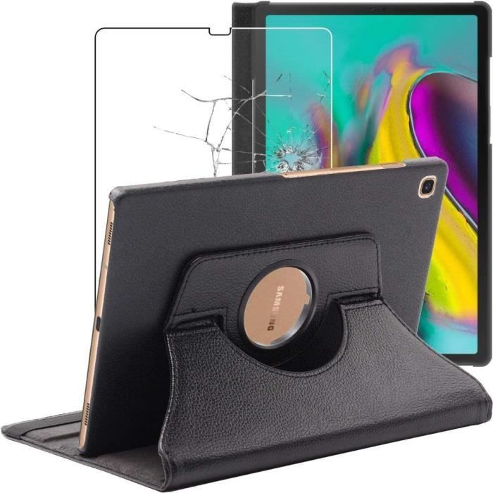 Coque Compatible avec Samsung Galaxy Tab S5e 10.5 T720-T725 Housse Protection Etui PU Cuir Support Rotatif 360, Noir + Film éA1793