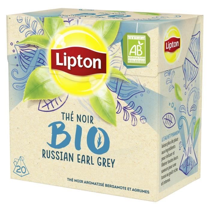 LOT DE 12 - LIPTON Thé Noir Bio Russian Earl Grey aromatisé bergamote et agrumes - Boite de 20 sachets - 32g