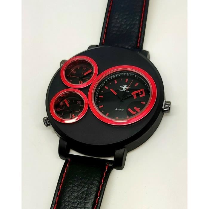 Montre Homme NOIR MAT Rouge Sport XXL Carbone Carrera 3 FUSEAUX Cuir IDÉE CADEAU