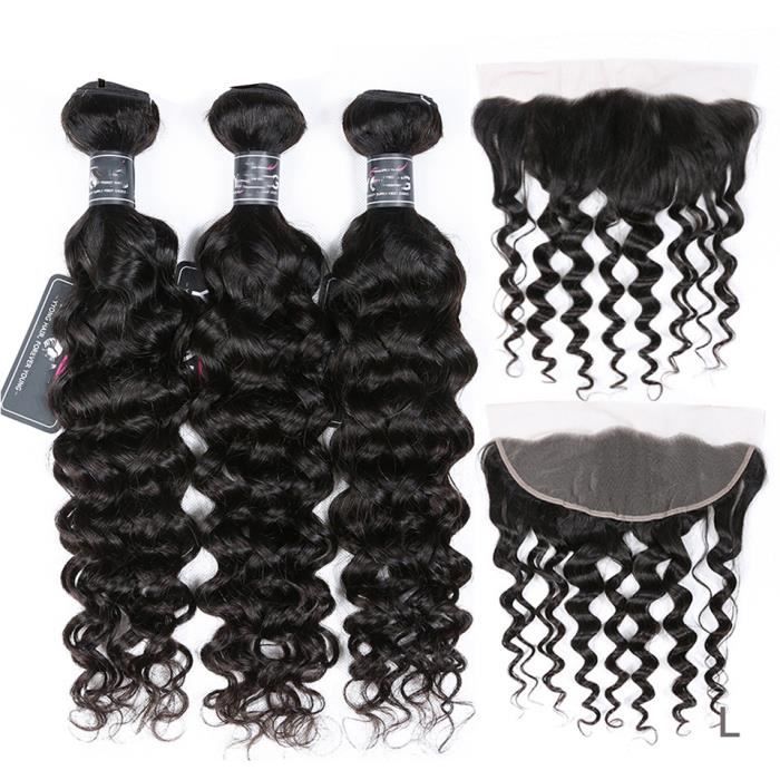 3 Tissage Milan Wave brésilien naturel Remy avec Lace Frontal 13x4 Frontal(18 18 18+14-closure)