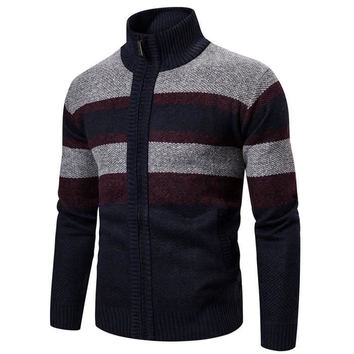Veste cardigan zippée à manches longues à rayures pour hommes Marine