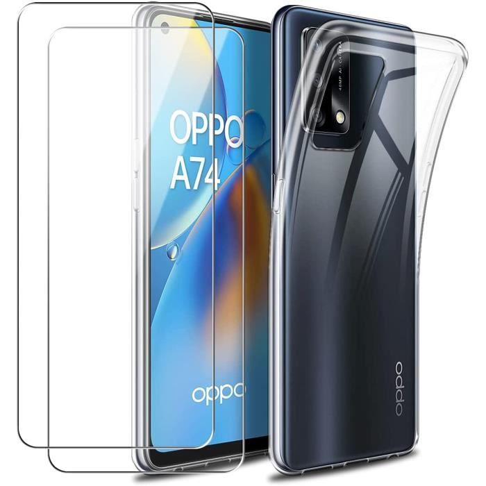 Coque pour Oppo A74 4G, Souple Transparent TPU Housse Étui avec Deux Verre Trempé Film Protection Écran pour Oppo A74 4G