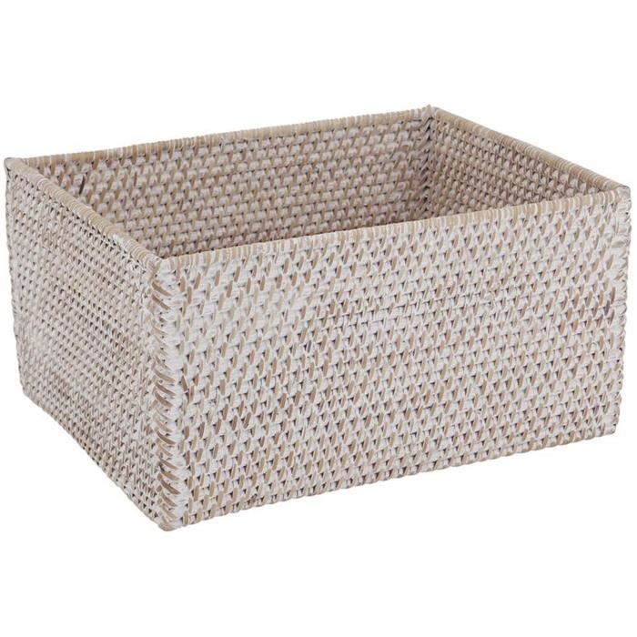 Panier de rangement en rotin patiné laqué blanc, 38 x 30 x 20 cm