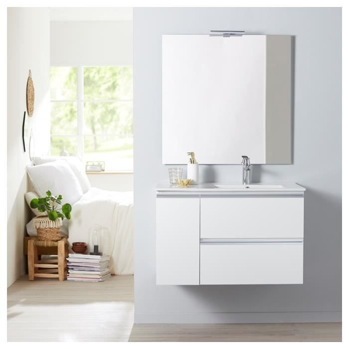 Meuble salle de bain 85 cm à suspendre blanc + miroir + éclairage - Série Dynamic 2 tiroirs + 1 porte
