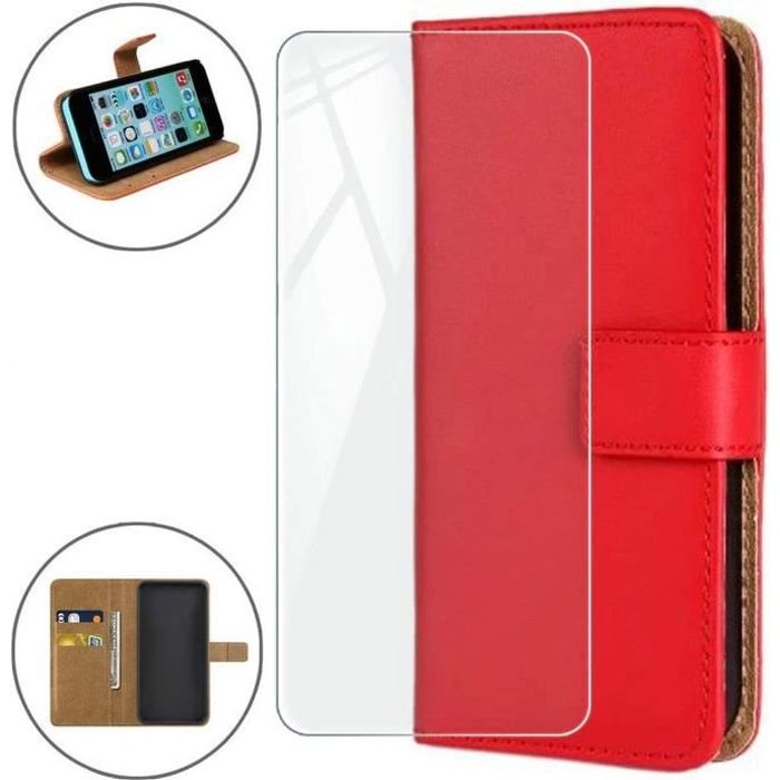 Verre trempé +étui Wiko Power U30 Housse portefeuille Silicone fonction support Rouge
