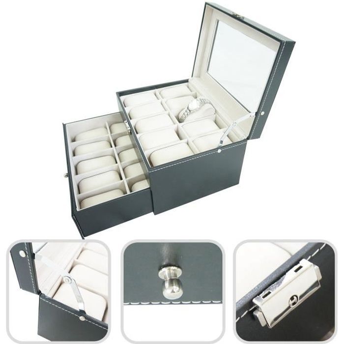 Coffret à Montres, Boite pour Montres et Bracelets, 20 montres avec vitre et tiroir, Noir/Beige, Dimensions: 28,5 x 20,5 x 15 cm