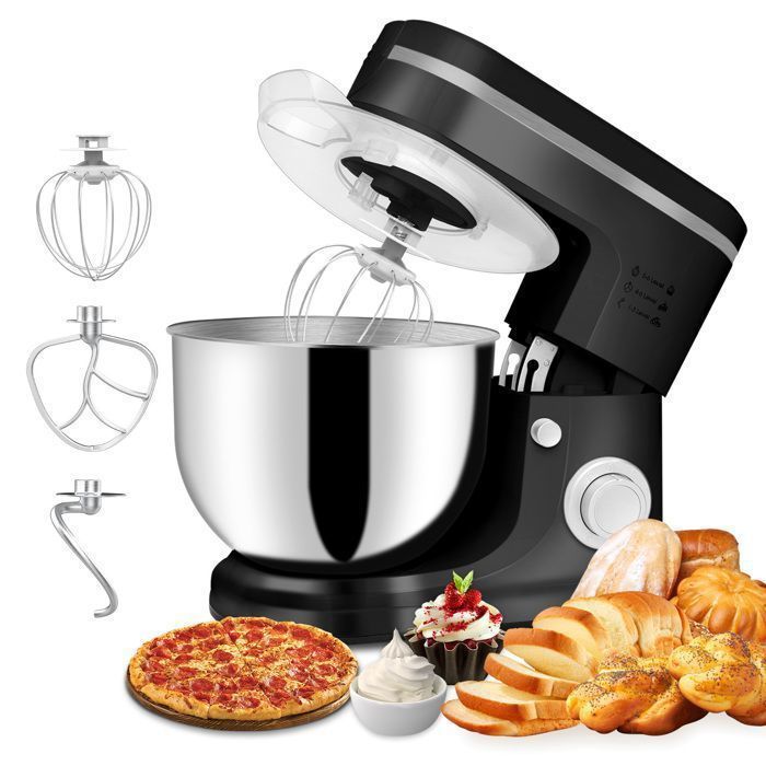 KITYTETY Robot Pâtissier 1500W 6 Vitesses Robot pétrin multifonction avec Bol 6 L Batteur Fouet Crochet Robot de cuisine Noir