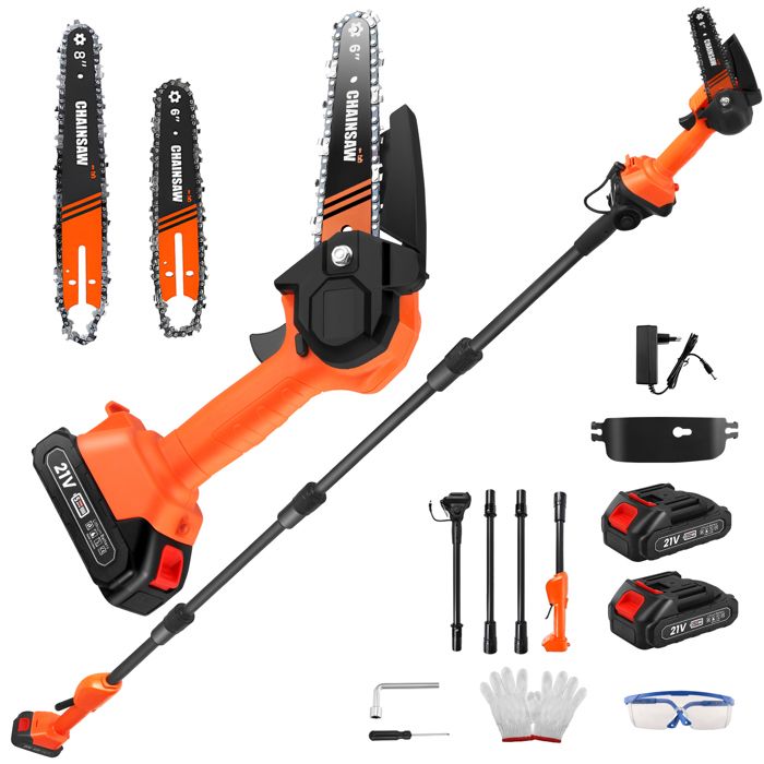 Tronçonneuse élagueuse 2-en-1 Sur Perche 8 Pouces – Batterie 18V 4.0Ah, Perche 1.3-2.5m, Lubrification Auto