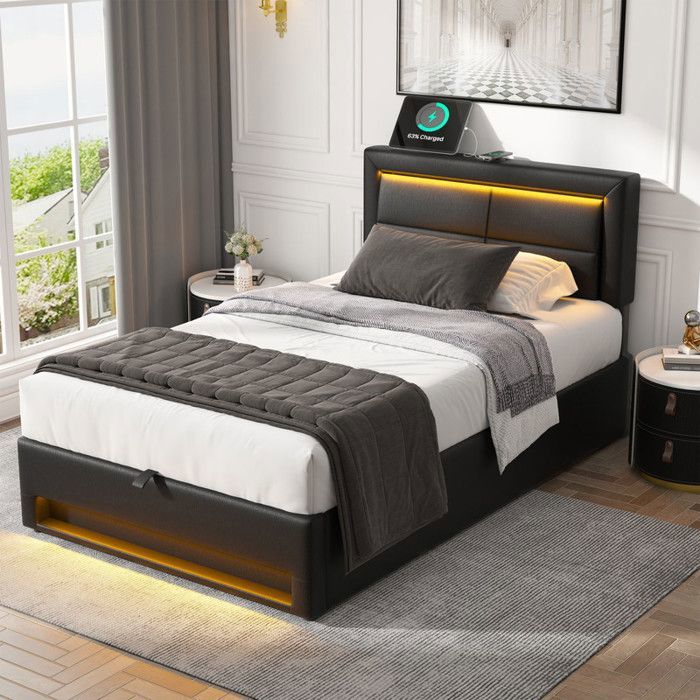 Lit simple 90x200 cm en pu avec USB et éclairage LEDlit coffre avec espace de stockage et sommier à lattes pour enfant/adultenoir