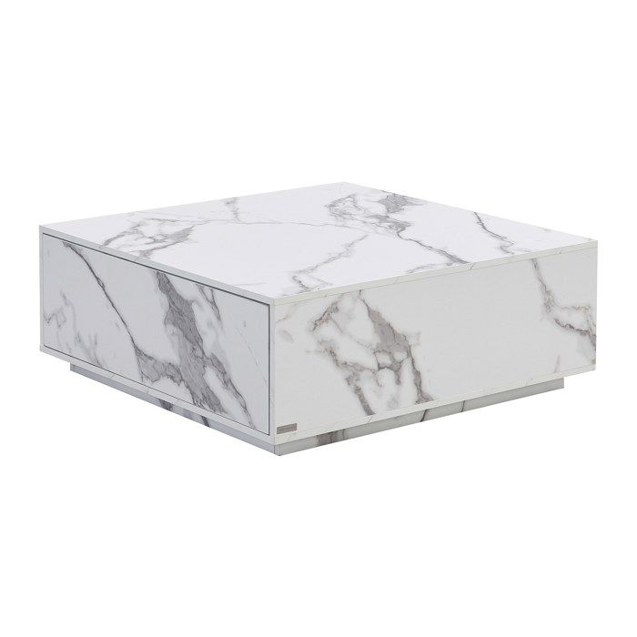 Table basse avec 2 tiroirs en MDF - L90 cm - Effet marbre blanc - ANTRIM