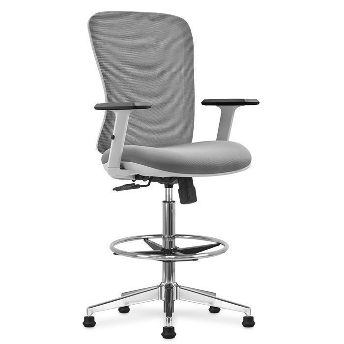 Fauteuil Haut de Bureau réglable 64-88 cm accoudoirs réglables roulettes ou pieds fixes pour bureau haut comptoir gris clair