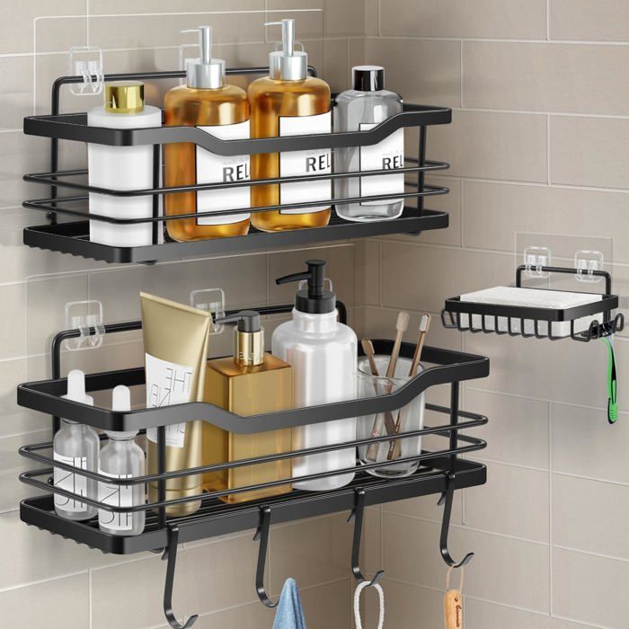 Etagere Douche Sans Percage Lot de 3 étagère Douche Accessoire Salle de Bain en Acier Inoxydable 304 Noir Rangement Douche