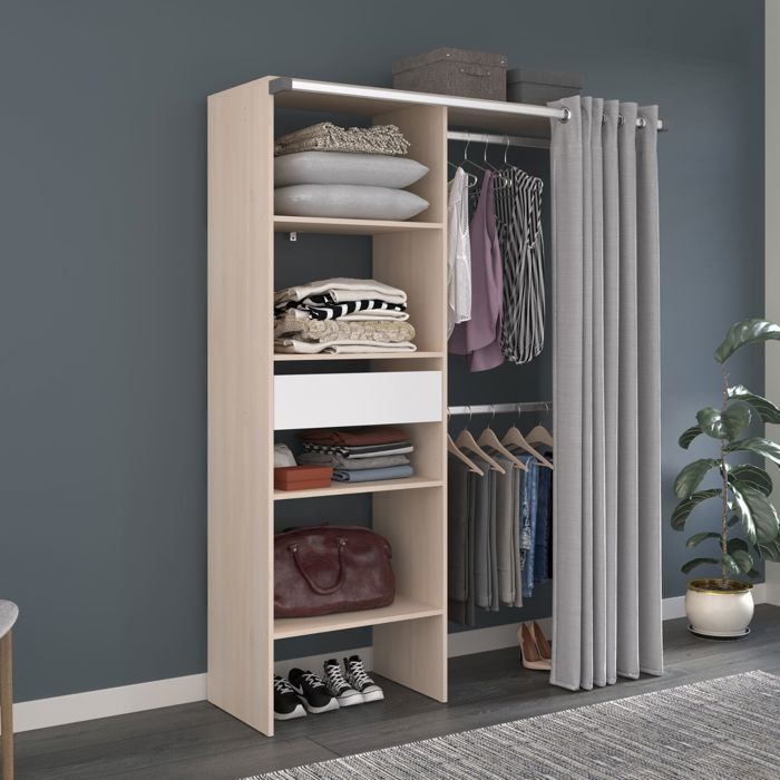 Dressing ouvert avec rideau et étagères 202 cm blanc - Blanc - Fabriqué en France - Terre de Nuit