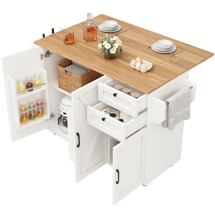 Desserte Bîlot de Cuisine à Roulettes Plateau Pliable avec Grand PlacardTiroirsPorte-Serviettes-120 x 70 x 92cmBlanc