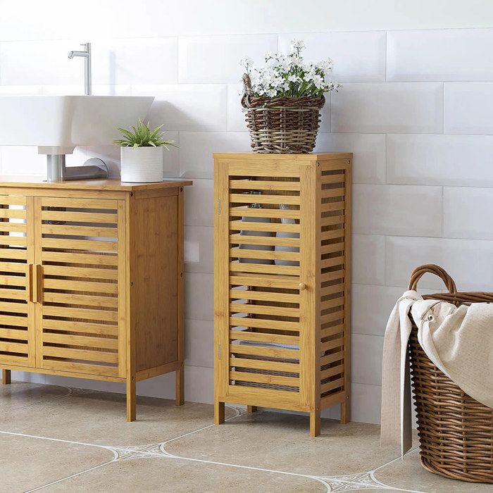 Armoire de salle de bain Porte à lamelles et étagère amovible Bambou Naturel 30x19.9x70 cm Armoire de salle de bain Porte à lamelles et étagère amovible Bambou Naturel 30x19.9x70 cm