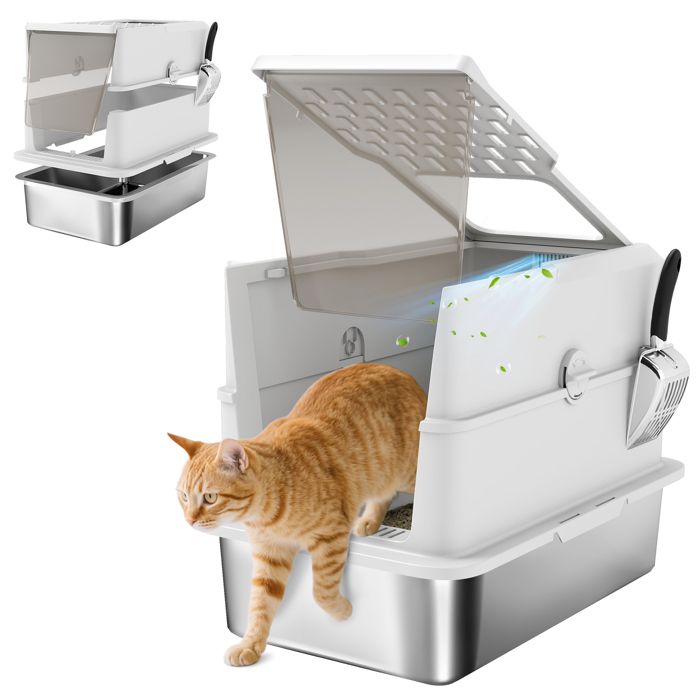 Comparer les prix de Bac à litière pour chat fermé - PawHut - pelle couvercle ouvrable porte battante - nettoyage facile - acier inoxydable - gris