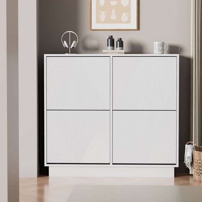 GOOBUY Meuble à Chaussures avec 4 Abattants Armoire à Chaussures avec Motif Lignes Étagère à Chaussures 100 x 24 x 91cm Blanc