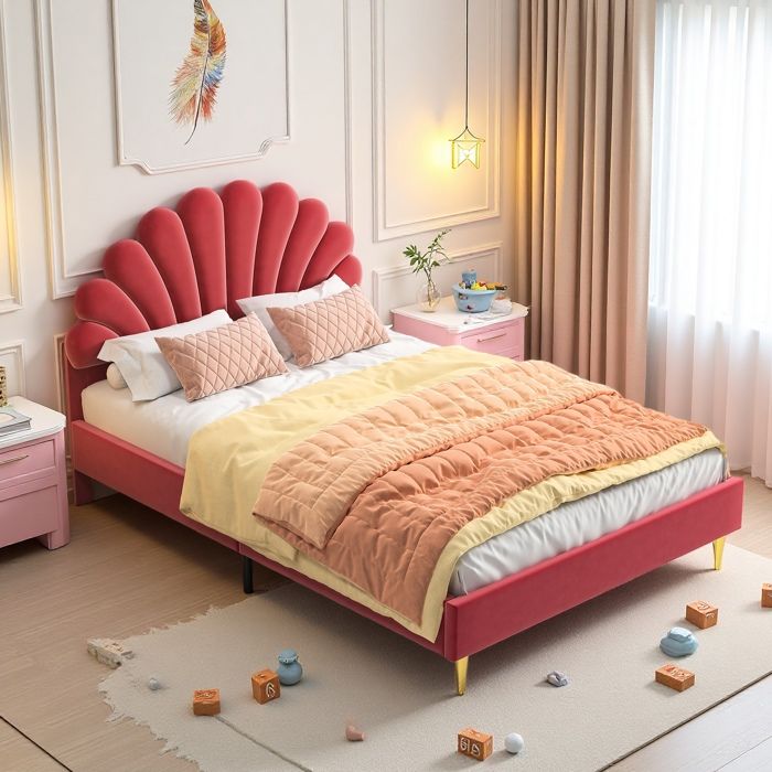 Lit Double Rembourré 140x200 cmLit pour Enfant avec Tête de Lit en Forme de Fleur et Sommier à LattesVelours Doux Rose
