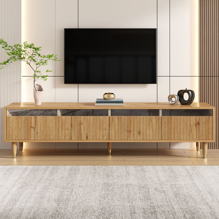 Meuble TV - MODERNLUXE - 178x35x45cm - Éclairage LED - 4 tiroirs - Aspect bois - Naturel