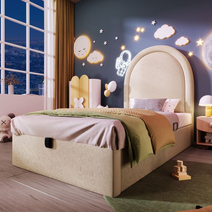 Lit Coffre Enfant - MERAX - 90x200 cm - Sommier Relevable - PU Beige - Design Demi-Arche Lit Coffre Enfant - MERAX - 90x200 cm - Sommier Relevable - PU Beige - Design Demi-Arche