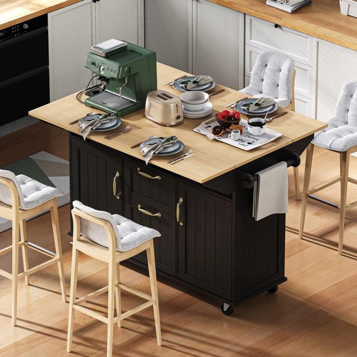 Îlot de cuisine à roulettes table à manger extensible avec tiroirs et porte-serviettes avec multiprises pour salle à manger