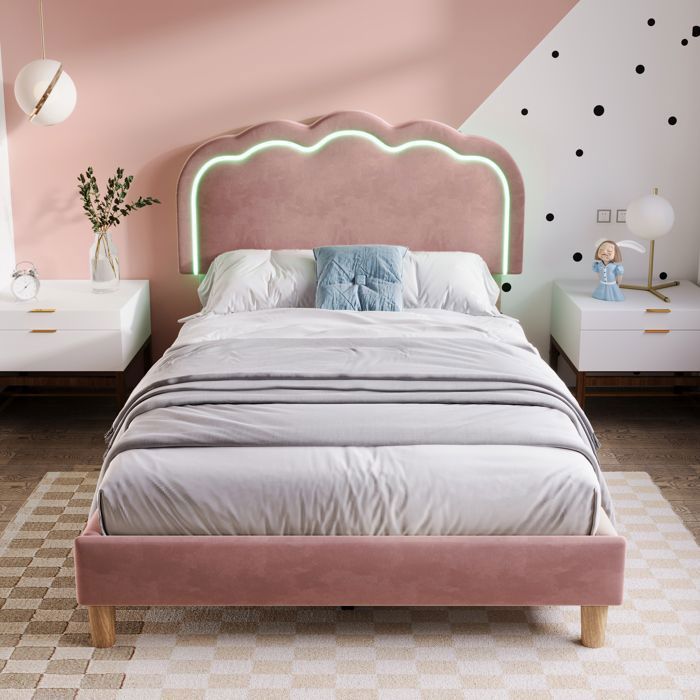 Lit Simple 90x190 cm en Velours Rose avec LED et Tête de Lit Réglable –Merax Lit Capitonné Moderne pour Chambre Adulte ou Jeune
