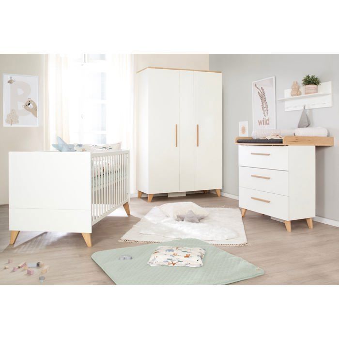 Chambre Bébé Complète Évolutive ROBA - Leon - Lit 70x140 + Commode à Langer + Armoire 2 Portes - Blanc - Chêne