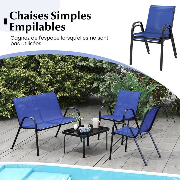 GIANTEX 4 Pcs Ensemble de Salon de Jardin avec 3 Chaises en Tissu et Table Basse en Verre Trempé pour Jardin Terrasse Bleu