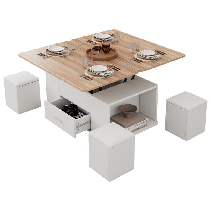 Table Basse Relevable - avec Tiroir et 4 Tabourets Structure en Panneau de Particules 100x50x45 cm Blanc/Bois Naturel