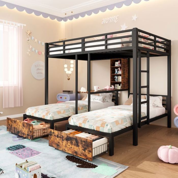 Lit superposé triple 140x200 cm et 90x200 cm lit mezzanine en métal avec 2 tiroirs et étagères lit enfants avec som LIT MEZZANINE