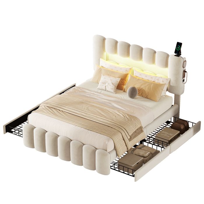 Lit Avec Rangement 160 X 200 Cm - Lit Beige Capitonné Avec 4 Tiroirs Et Système Stéréo - Beige
