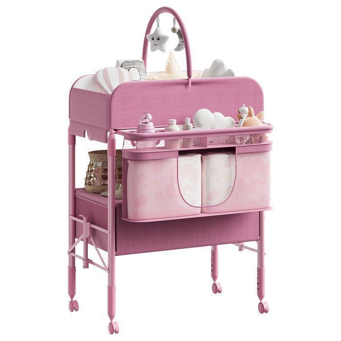 Table à langer pliante pour bébé N-226 – Avec rangement acier + tissu rose – Meuble de change pratique