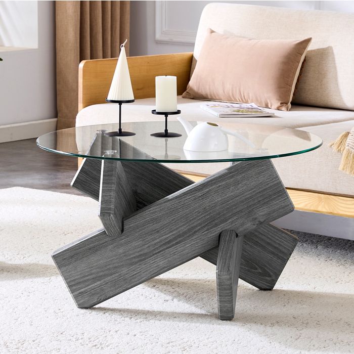 Table basse grise et transparente 79 x 79 x 45 cm plateau verre trempé 08 cm et pieds MDF croisés