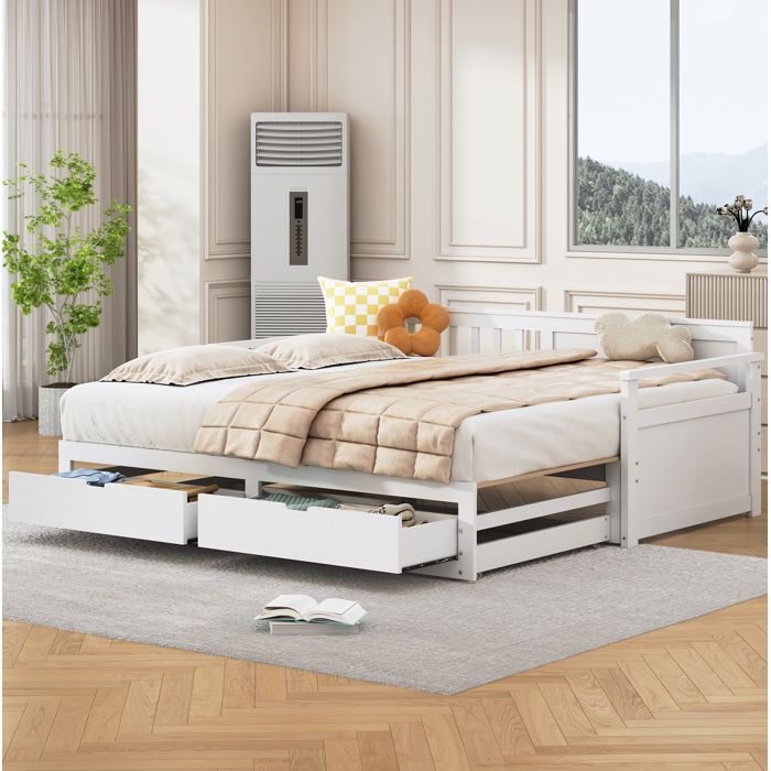 Lit enfant blanc 90×190/180×190 cm modulable tiroirs et sommier inclus structure solide sans matelas