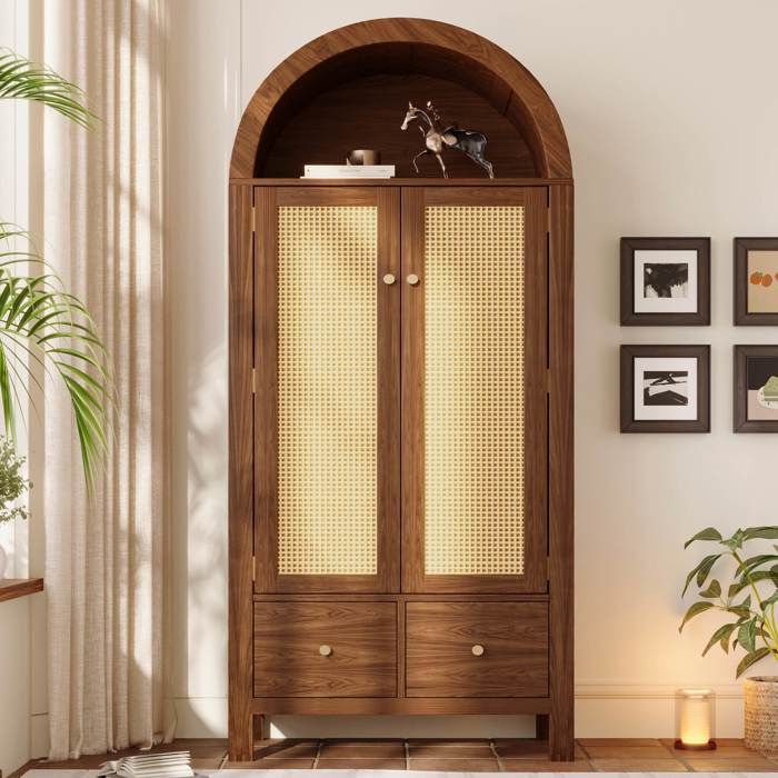 Armoire de Rangement en rotin 181 x 78 x 45 cm Garde-Robe avec 2 tiroirs 2 portes à fermeture magnétique et tringle Noyer