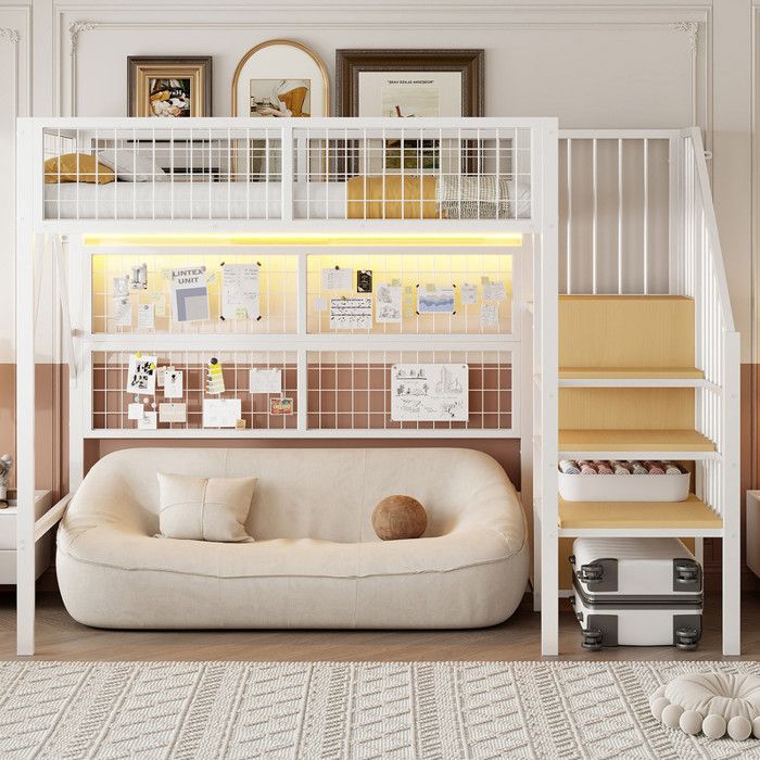 Lit Superposé/Mezzanine Métal 140x200cm Blanc Adapté Enfants/Ados Polyvalent avec LED App avec Rangement et Armoire Ouverte