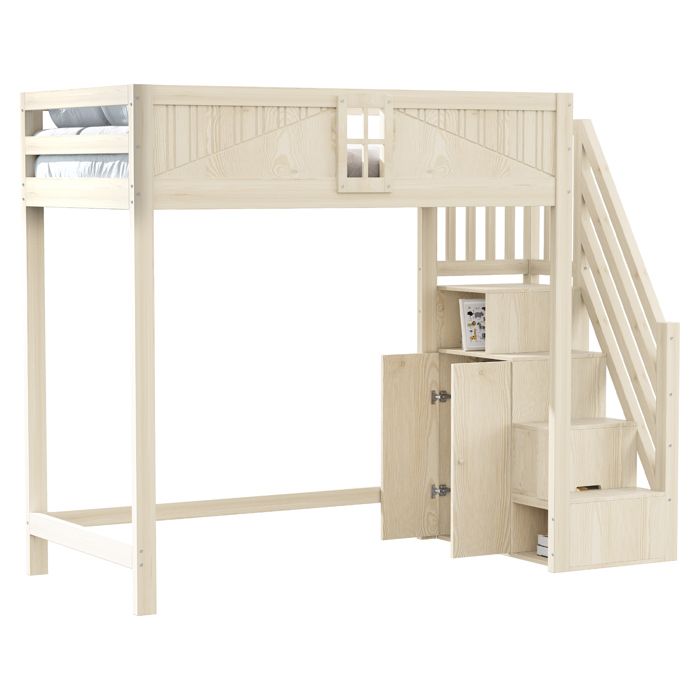 HAVRYA Lit Mezzanine 90x200 cm Enfant avec Escalier Réversible et Barrière MDF et Pin Bois Naturel Sans Matelas