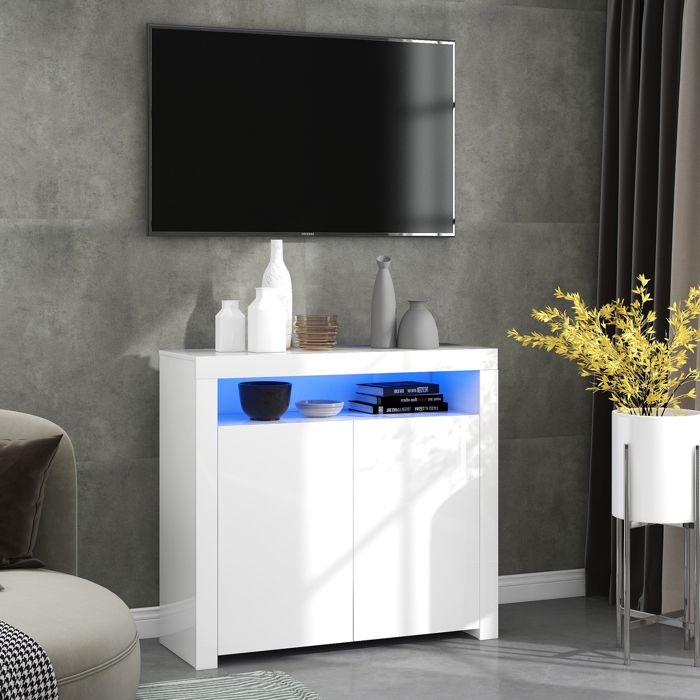 Buffet 2 Portes et Espace Ouvert avec LED et Port USB - YEAVIO - Laqué Brillant MDF Blanc 108×40×92 cm
