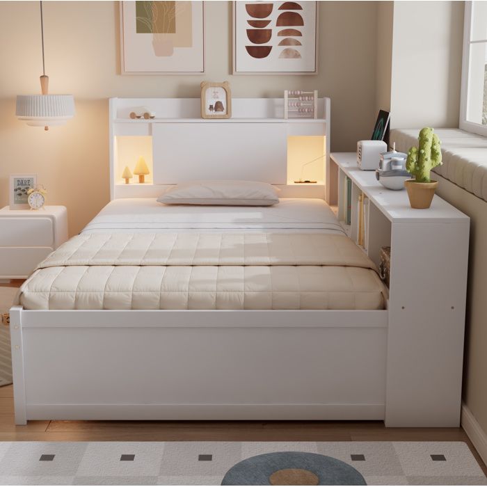 Lit simple 90x200 cm avec tête de lit rangement 2 lampes prise de charge rangements latéraux - TCQPZ - blanc