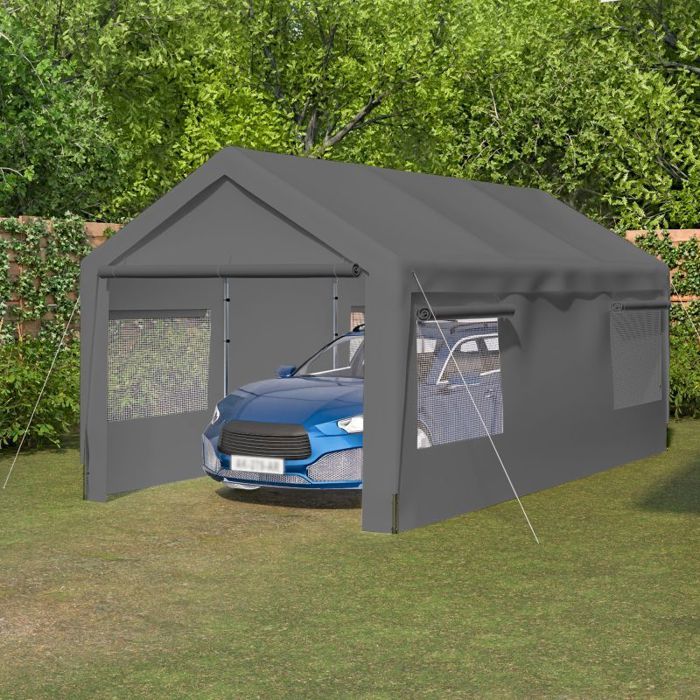 Tente de Garage Carport 3x6m Gris Hivernale avec Fenêtres Enroulables Parois Amovibles Tente de Stockage pour Auto SUV Bateau