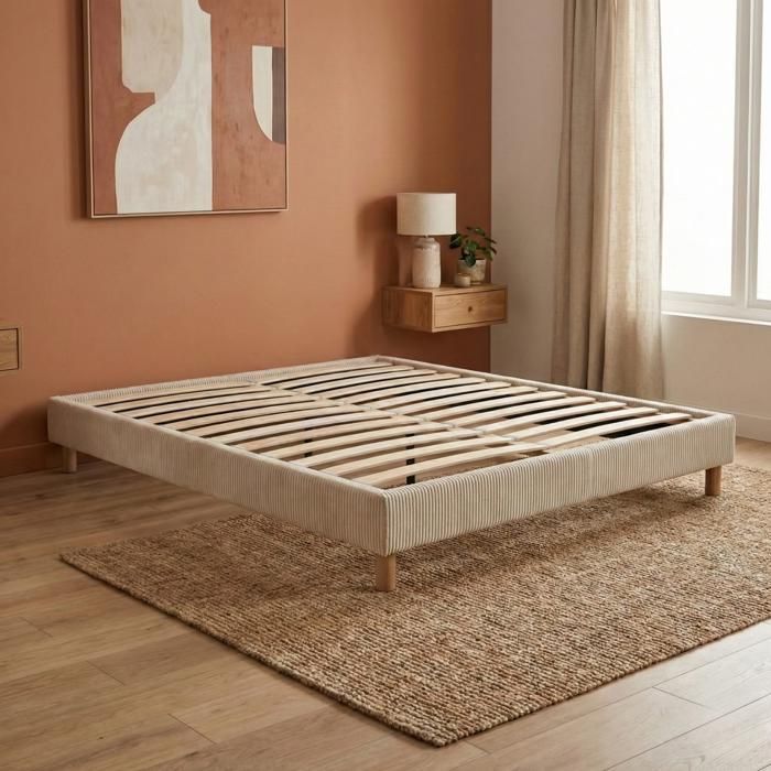 Sommier à lattes - SAMPUR - Déco - 140 x 190 cm - Velours côtelé Beige - Lattes peuplier multiplis