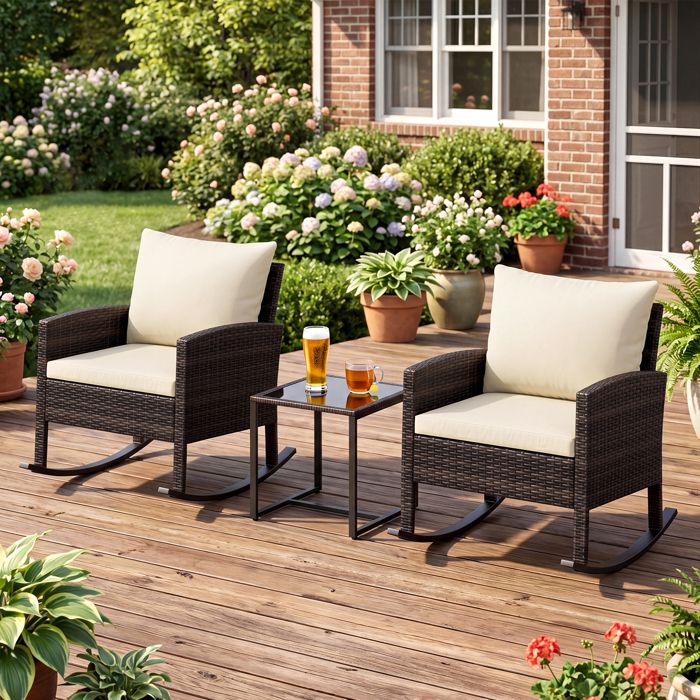 Ensemble Bistro de Jardin 3 Pièces COSTWAY 2 Fauteuils à Bascule Table Basse en Verre Dossier et Coussins Déhoussables Beige Ensemble Bistro de Jardin 3 Pièces COSTWAY 2 Fauteuils à Bascule Table Basse en Verre Dossier et Coussins Déhoussables Beige