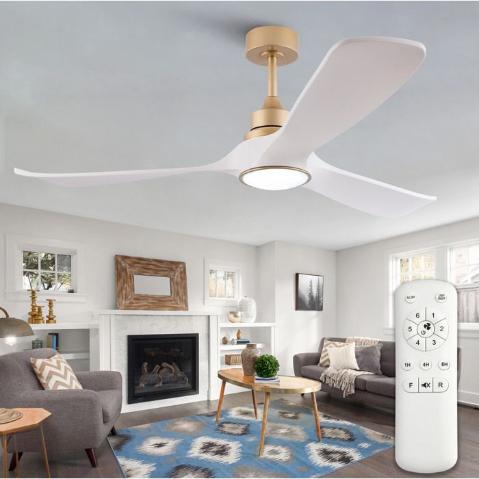 Ventilateur De Plafond 52 Pouces blanc et doré LED télécommande 6 vitesses moteur DC réversible